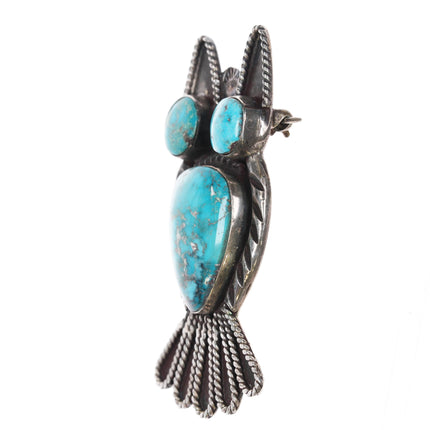 1940's Navajo sterling Natural American turquoise owl pin twisted silver wire