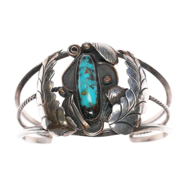 6.25" 60's-70's Navajo silver feather cuff bracelet with nice turquoise - Estate Fresh Austin