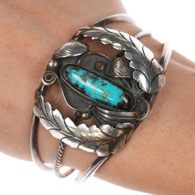 6.25" 60's-70's Navajo silver feather cuff bracelet with nice turquoise - Estate Fresh Austin
