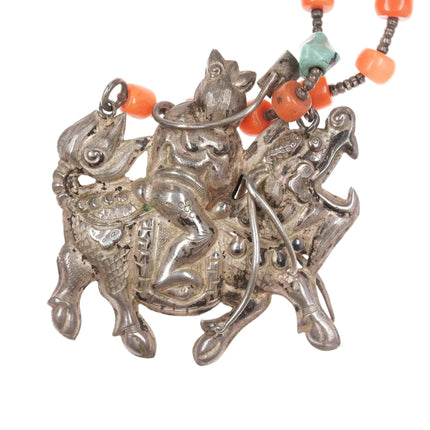 34" Antique Chinese white donkey of Zhang Guolao silver and coral necklace - Estate Fresh Austin