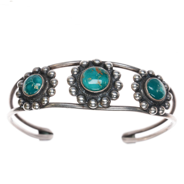 6 3/8" 40's-50's Navajo sterling blue gem three turquoise cuff bracelet