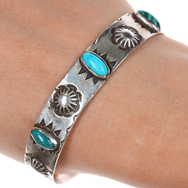 6.75" c1920's Ingot silver Navajo cuff bracelet with three turquoise - Estate Fresh Austin