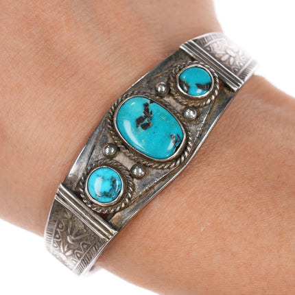 6" c1930's Navajo ingot silver cuff bracelet with three turquoise/nice stampwork