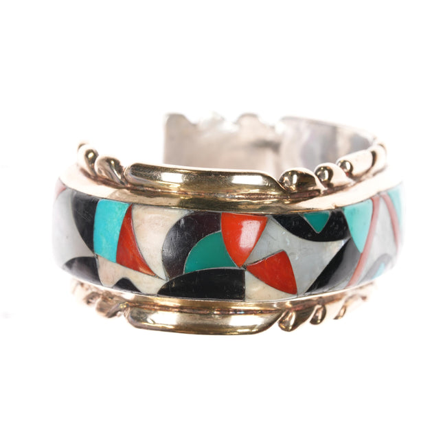 5 7/8" Wayne & Virginia Quam Zuni 14k/Sterling multi-stone inlay cuff bracelet