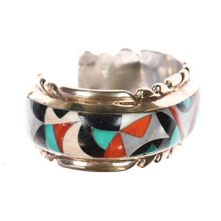 5 7/8" Wayne & Virginia Quam Zuni 14k/Sterling multi-stone inlay cuff bracelet