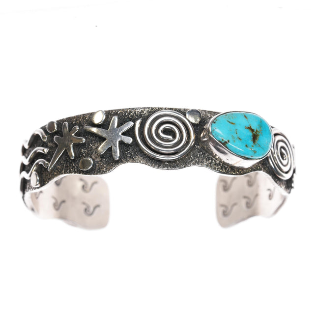 6.5" Alex Sanchez Navajo sterling petroglyph cuff bracelet with turquoise