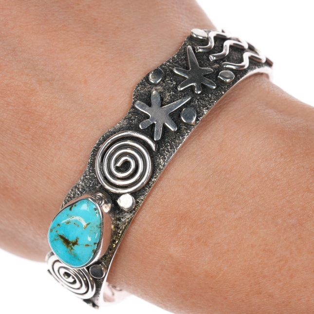 6.5" Alex Sanchez Navajo sterling petroglyph cuff bracelet with turquoise