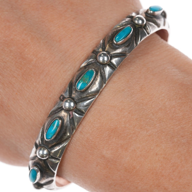 6.5" 30's-40's Navajo silver blue gem turquoise row cuff bracelet - Estate Fresh Austin