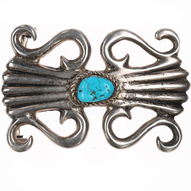 Vintage Navajo Sandcast silver belt buckle with turquoise x