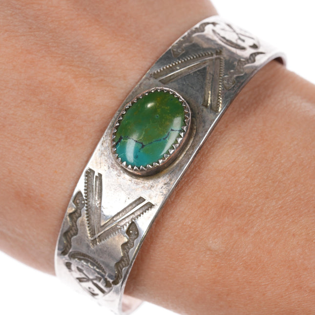 6.5" c1930's Ingot silver Native American hand stamped cuff bracelet w/turquoise