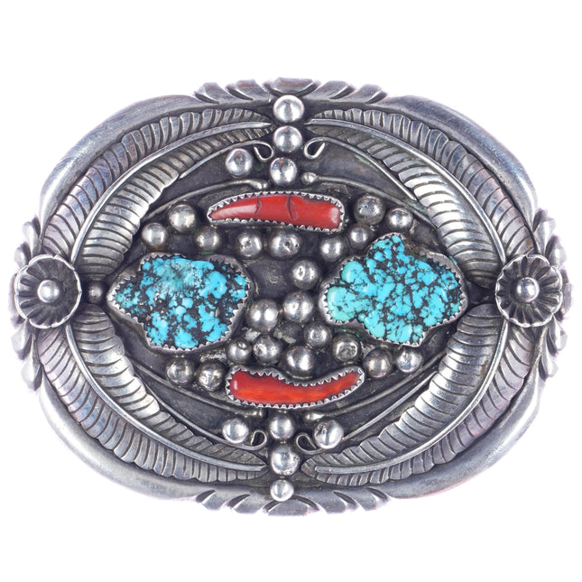 Large  M Chee vintage  Navajo sterling, turquoise and coral belt buckle