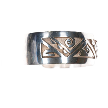 6.75" Bobby Sekakuku Hopi Overlay cuff bracelet Sterling w/coral inlay at terminal