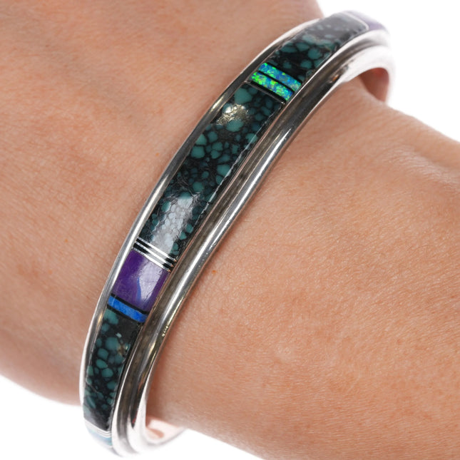 6.5" Steve Francisco Navajo silver webbed turquoise opal sugilite cuff bracelet - Estate Fresh Austin