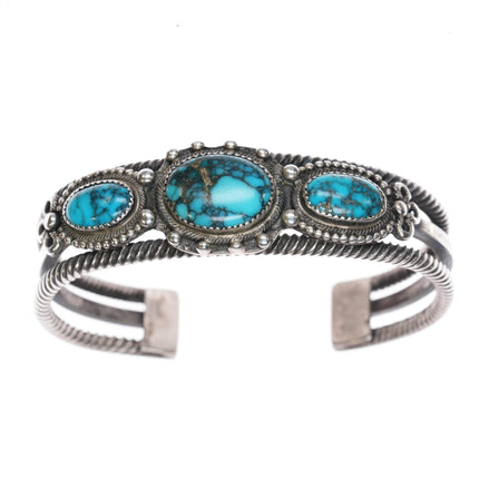 6 1/8" c1930's Navajo twisted silver wire spiderweb turquoise cuff bracelet