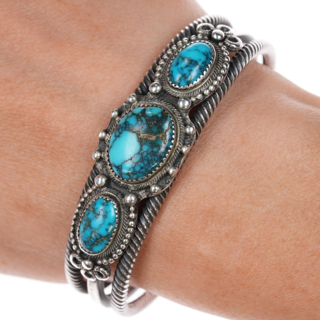 6 1/8" c1930's Navajo twisted silver wire spiderweb turquoise cuff bracelet