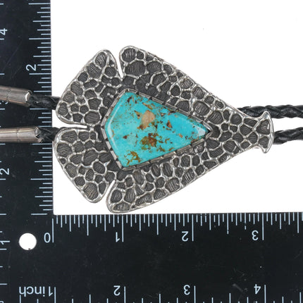 c1970 Large Archie Henderson Tufa Cast silver Easter Blue turquoise bolo tie - Estate Fresh Austin