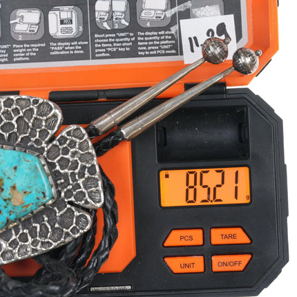 c1970 Large Archie Henderson Tufa Cast silver Easter Blue turquoise bolo tie - Estate Fresh Austin