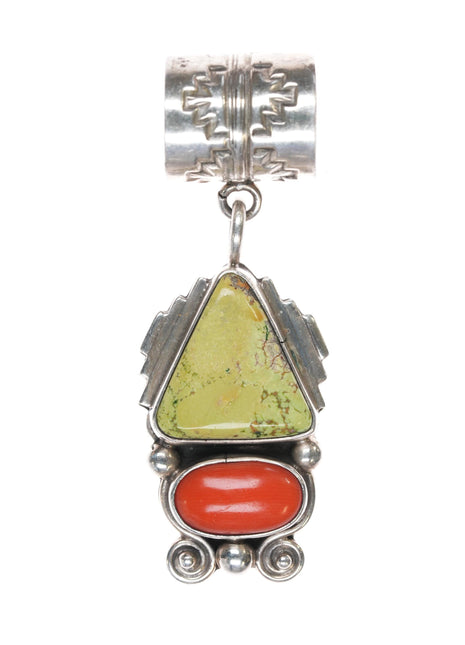 Delbert Gordon Navajo sterlin coral, and green turquoise pendant