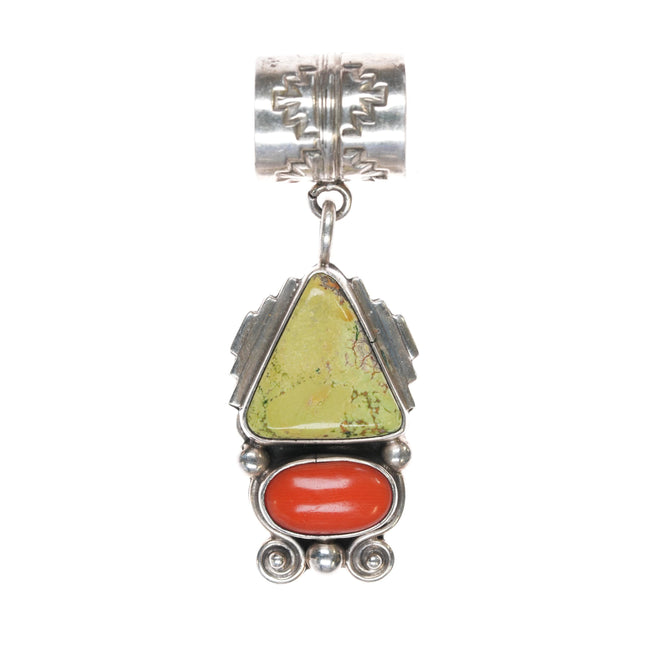 Delbert Gordon Navajo sterlin coral, and green turquoise pendant