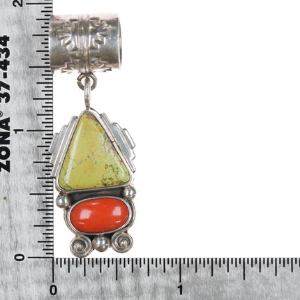 Delbert Gordon Navajo sterlin coral, and green turquoise pendant