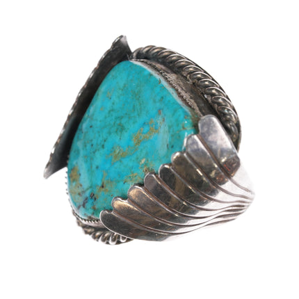 sz9 Huge Vintage Navajo sterling and turquoise ring with feather sides