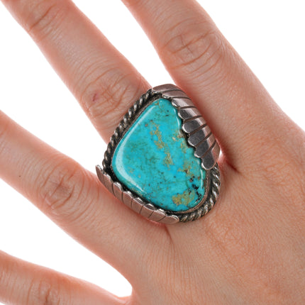 sz9 Huge Vintage Navajo sterling and turquoise ring with feather sides