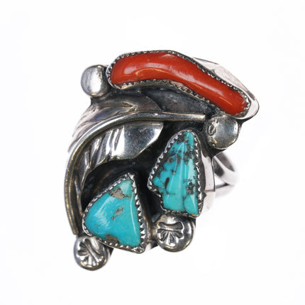 sz7.75 Felicita Eustace Cochiti Sterling, carved turquoise, coral ring