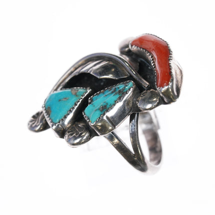 sz7.75 Felicita Eustace Cochiti Sterling, carved turquoise, coral ring