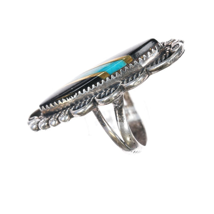 sz6.75 GS Vintage Native American sterling, jet, turquoise, brass inlay ring