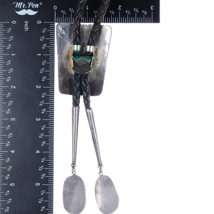 c1960 c-31 Alberto Contreras Modernist silver/onyx bolo tie w/fancy tips - Estate Fresh Austin