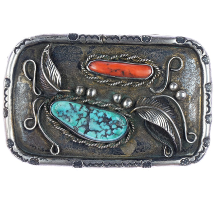 c1960's Navajo Sterling, turquoise, and coral belt buckle - Estate Fresh Austin