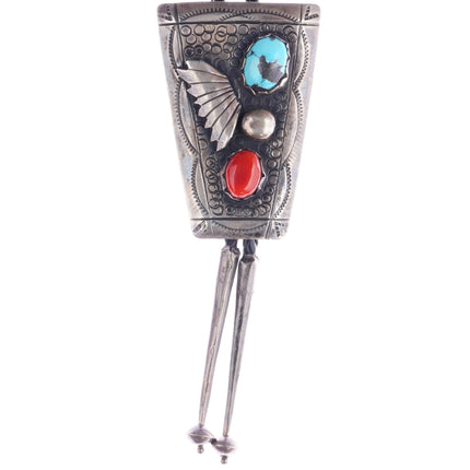 c1960 c-31 Navajo silver, coral, and turquoise bolo tie - Estate Fresh Austin