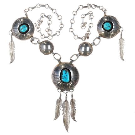 70's-80's Navajo sterling turquoise dangly feather necklace