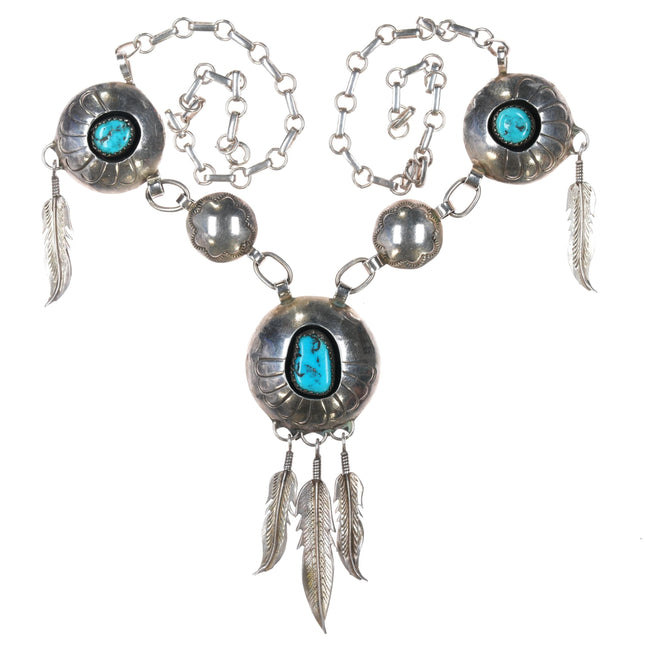 70's-80's Navajo sterling turquoise dangly feather necklace