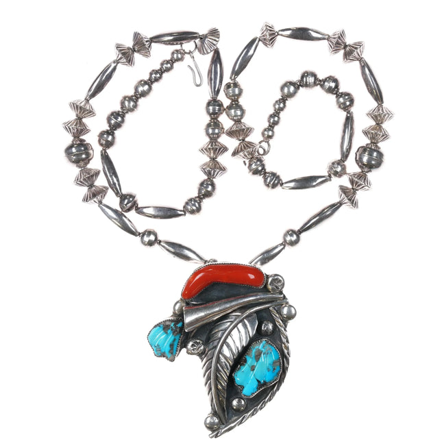 Vintage Eustace Cochiti sterling carved turquoise/coral pendant/pin necklace - Estate Fresh Austin