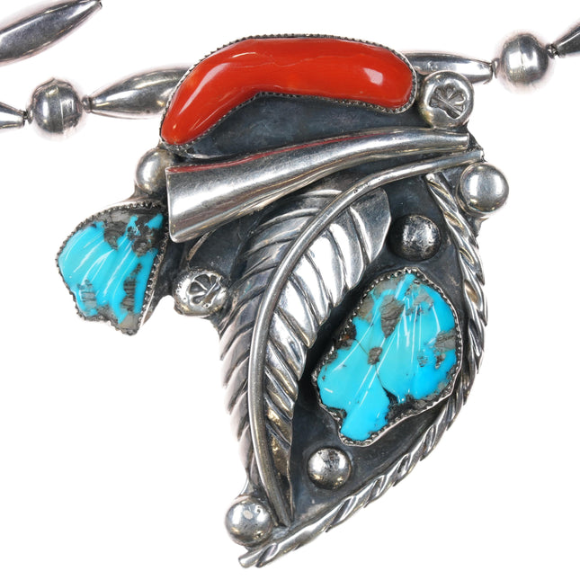 Vintage Eustace Cochiti sterling carved turquoise/coral pendant/pin necklace