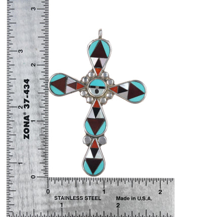 Zeno & Maryann Edaaki Zuni sterling intarsia inlay cross pendant