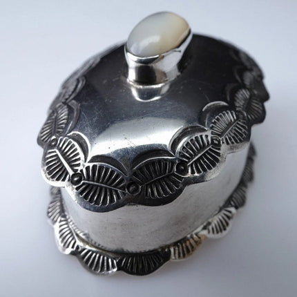 Hand Stamped Southwestern silver trinket box with mother of pearl - Estate Fresh Austin