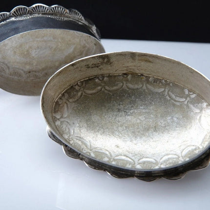 Hand Stamped Southwestern silver trinket box with mother of pearl - Estate Fresh Austin