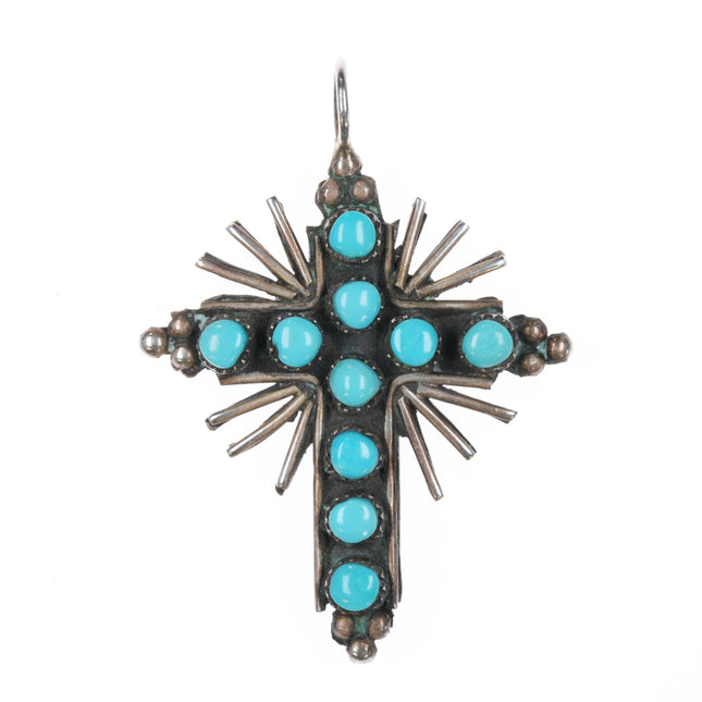 Vintage Zuni turquoise/coral snake eye reversible double sided cross pendant v