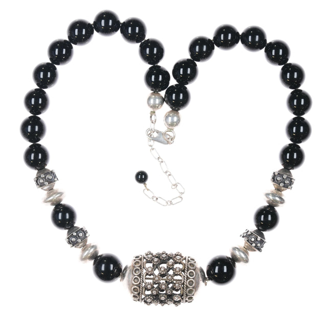 Retro 17" Sterling silver filigree black glass beaded necklace