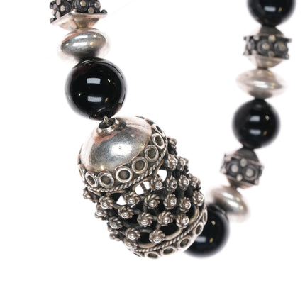 Retro 17" Sterling silver filigree black glass beaded necklace