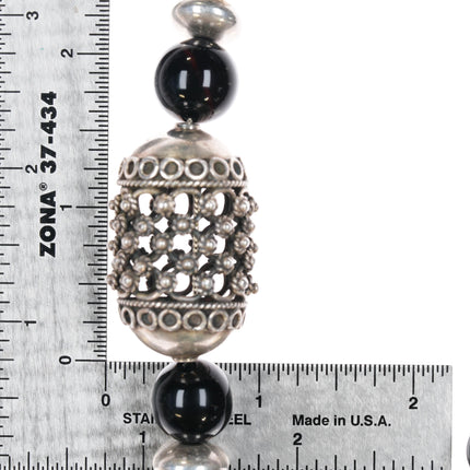 Retro 17" Sterling silver filigree black glass beaded necklace