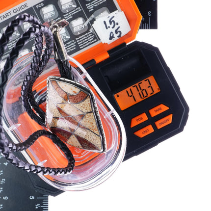 Vintage Petrified Dinosaur Bone sterling channel inlay bolo tie - Estate Fresh Austin