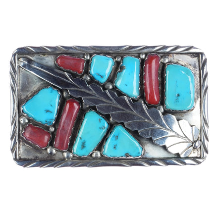 Marvelyne Cheama Zuni Sterling, turquoise, and coral belt buckle - Estate Fresh Austin