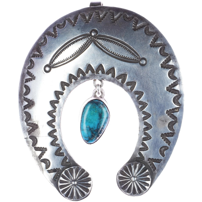 c1940's Large Navajo silver naja pendant w/nice turquise and stampwork - Estate Fresh Austin