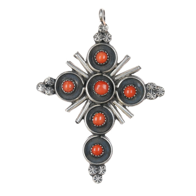 Large Vintage Zuni turquoise/coral snake eye reversible double sided cross pendant v - Estate Fresh Austin