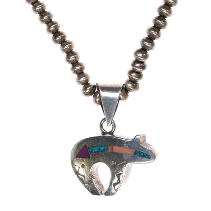 Ray Tracey Knifewing Bear pendant on sterling Navajo pearl necklace