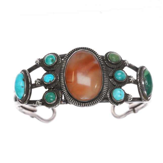 6.5" 30's Navajo silver, turquoise, agate cuff bracelet