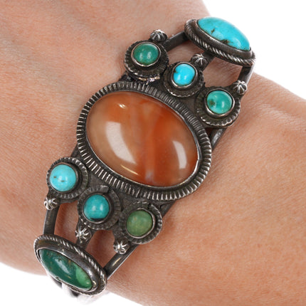 6.5" 30's Navajo silver, turquoise, agate cuff bracelet